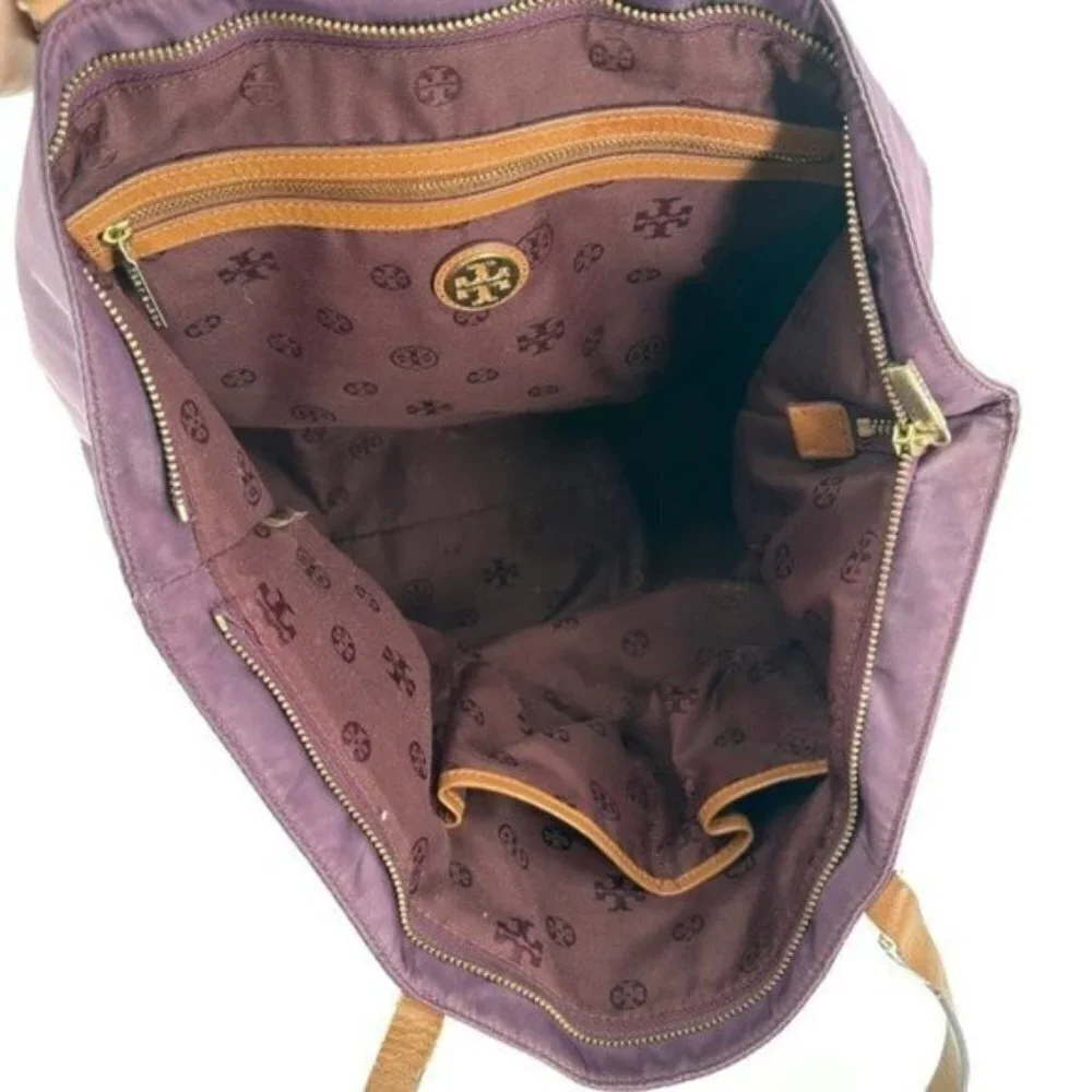 Tory Burch Purple Nylon Tote with Brown Leather Trim